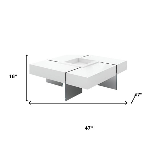 47" White And Clear Wood And Glass Square Sled Coffee Table