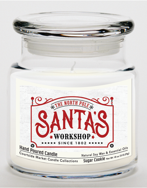 Courtside Market Santas workshop Candle Glass Jar with Glass Lid
