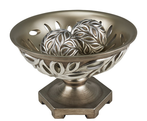 13" Brushed Silver Leaf Polyresin Decorative Pedestal Bowl with Orbs