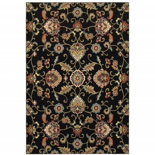 8' X 11' Black Red Green Ivory Salmon And Yellow Floral Power Loom Stain Resistant Area Rug