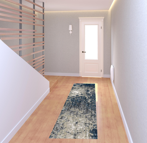 8' Blue And Gray Abstract Shag Runner Rug