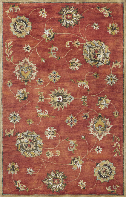 5' X 8' Sienna Gold And Green New Zealand Lambs Wool Floral Vines Hand Tufted Area Rug