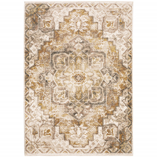 Homeroots Home Decor 6' x 9' Oriental Power Loom Stain Resistant Area Rug, Gold and Ivory, With Fringe