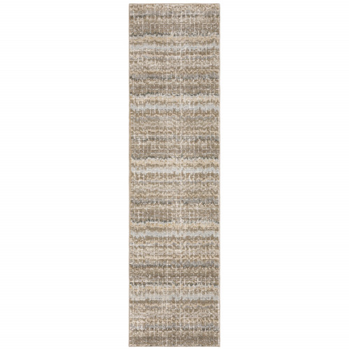 Homeroots Home Decor 2' X 8' Abstract Runner Rug, Ivory Grey, Tan and Brown, Power Loom Stain Resistant