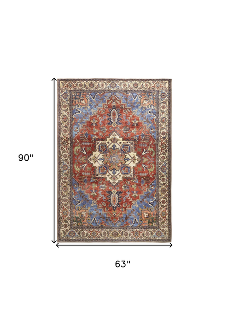 5' X 8' Blue And Orange Floral Medallion Area Rug