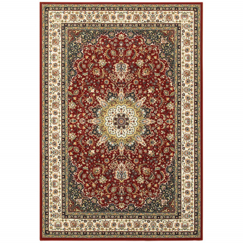Homeroots Home Decor 7' x 10' Red and Ivory Machine Woven Oriental Indoor Area Rug