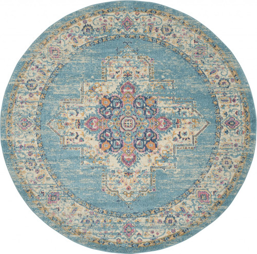 homeroots home decor 8’ Round Light Blue Distressed Medallion Area Rug, Light Blue, Round