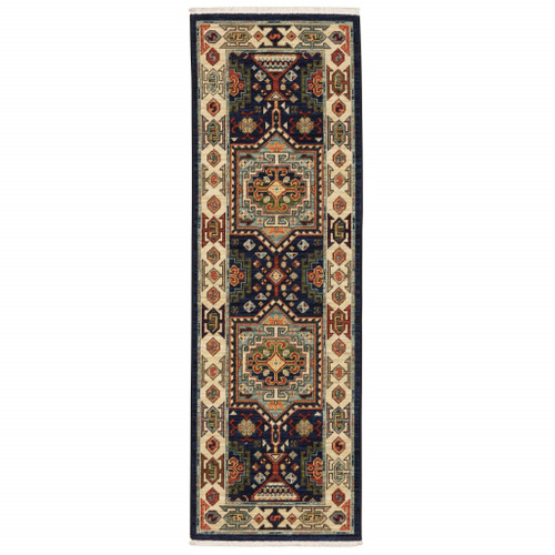 Homeroots Home Decor 12' Blue and Ivory Machine Woven Medallion Indoor Runner Rug