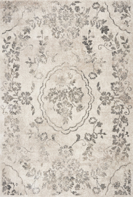 Homeroots Home Decor 5'x8' Grey Machine Woven Distressed Floral Medallion Indoor Area Rug, Grey, Machine Woven