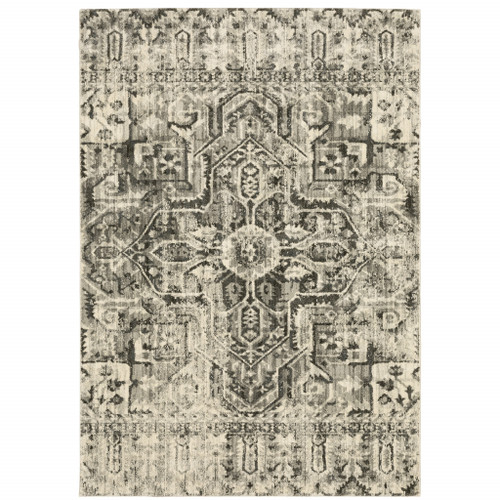 Homeroots Home Decor 5' x 8' Oriental Power Loom Stain Resistant Area Rug, Grey Ivory and Brown