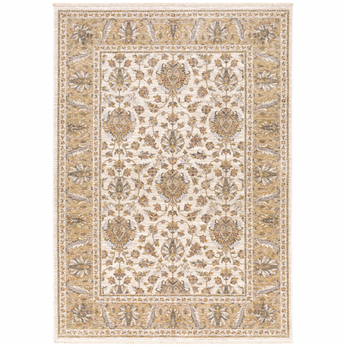 5' X 8' Ivory And Gold Oriental Power Loom Stain Resistant Area Rug With Fringe