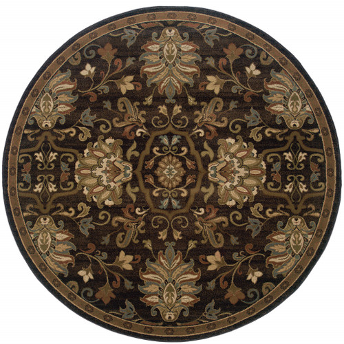 Homeroots Home Decor 8' Brown Round Oriental Power Loom Stain Resistant Area Rug, Brown, Round