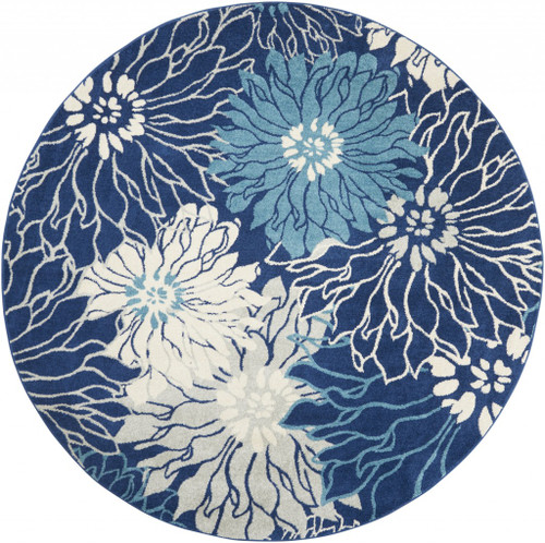 Homeroots Home Decor 8’ Round Navy and Ivory Floral Area Rug, Navy and Ivory, Round