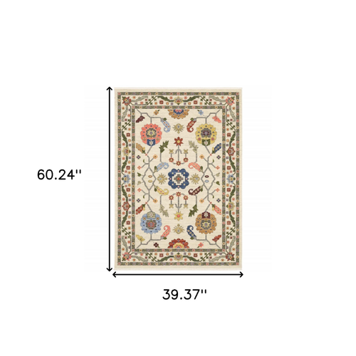 3' X 5' Ivory Green Blues Pink Yellow Rust Brown Tan And Grey Oriental Power Loom Stain Resistant Area Rug With Fringe