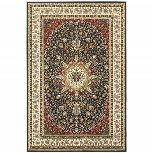 5' X 8' Navy And Ivory Oriental Power Loom Stain Resistant Area Rug