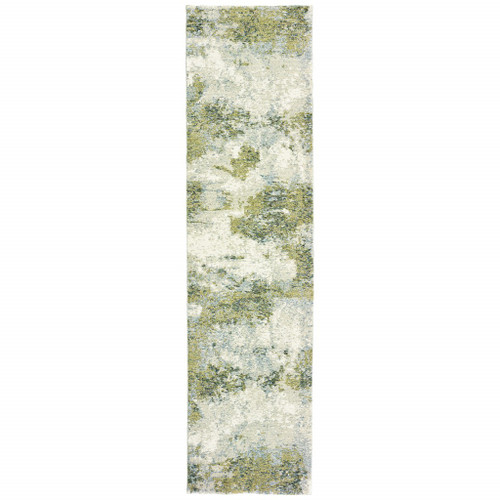 Homeroots Home Decor 2' x 8' Blue and Sage Distressed Waves Indoor Runner Rug