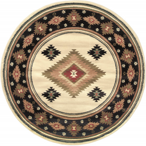 Homeroots Home Decor 8' Beige Round Southwestern Power Loom Stain Resistant Area Rug, Beige, Round