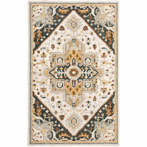 5' X 8' Ivory Charcoal Gold Clay And Muted Blue Oriental Tufted Handmade Stain Resistant Area Rug