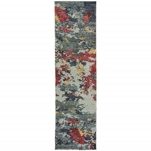 Homeroots Home Decor 2' x 8' Abstract Runner Rug, Blue and Red, Power Loom Stain Resistant