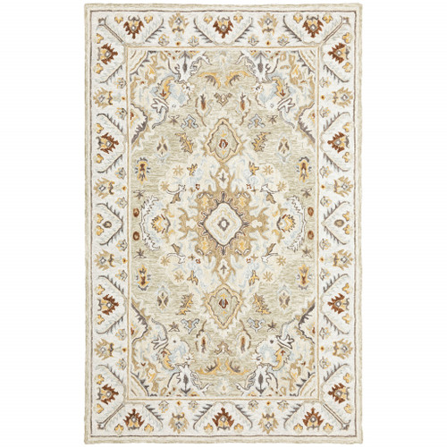 4' X 6' Ivory Beige Gold And Muted Grey Oriental Tufted Handmade Stain Resistant Area Rug