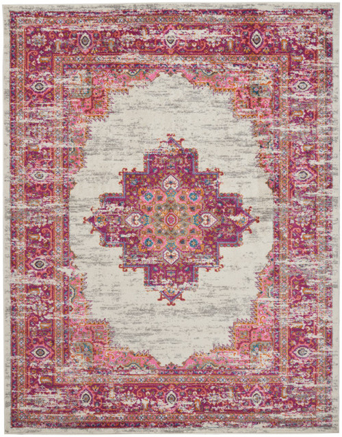 Homeroots Home Decor 7’ x 10' Ivory and Fuchsia Distressed Area Rug, Distressed Finish, Ivory and Fuchsia Color