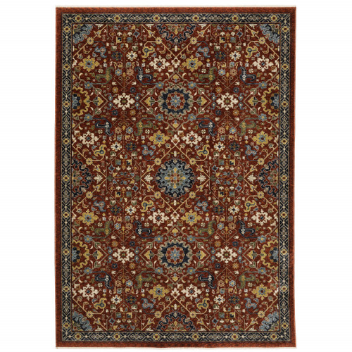 Homeroots Home Decor 6' x 9' Oriental Power Loom Stain Resistant Area Rug, Red Blue Gold Ivory, With Fringe