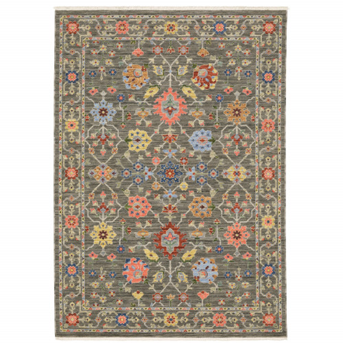 Homeroots Home Decor 5' X 8' Oriental Power Loom Stain Resistant Area Rug, Grey Salmon Pink Gold Blue Rust Deep Blue Ivory and Green, With Fringe