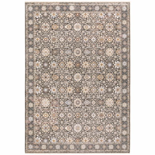 Homeroots Home Decor 5' x 8' Grey and Ivory Oriental Power Loom Stain Resistant Area Rug with Fringe