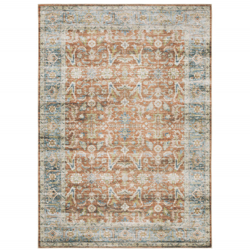 Homeroots Home Decor 5' x 7' Oriental Printed Stain Resistant Non-Skid Area Rug, Rust Blue Ivory and Gold