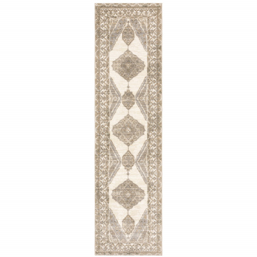 Homeroots Home Decor 2' X 8' Oriental Runner Rug, Beige and Ivory, Power Loom Stain Resistant