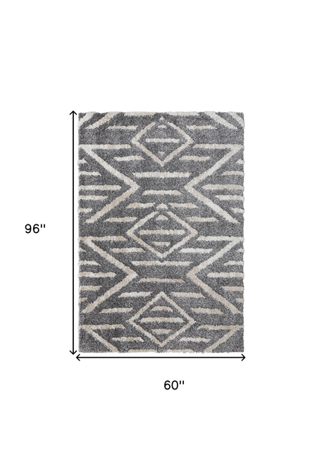 5' X 8' Gray And Ivory Geometric Power Loom Stain Resistant Area Rug