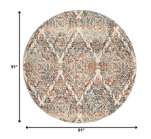 8' Ivory Rust And Green Oriental Round Rug