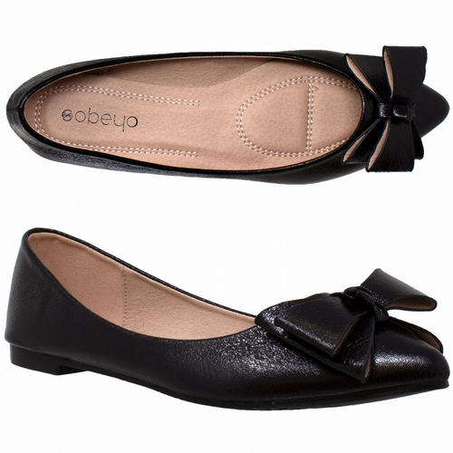 SOBEYO Womens Ballet Flats Metallic Bow Slip On Pointed Toe Shoes