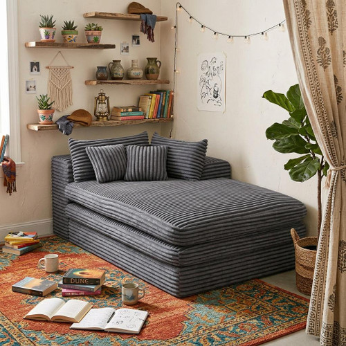 67" Gray Corduroy Right Hand Facing Chaise Lounge Chair