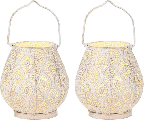 Set of Two 10" Beige Pierced Geometric Cordless Lantern Lamps
