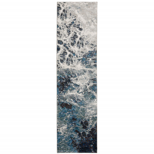 Homeroots Home Decor 2' x 8' Abstract Power Loom Stain Resistant Runner Rug, Grey Teal and Green