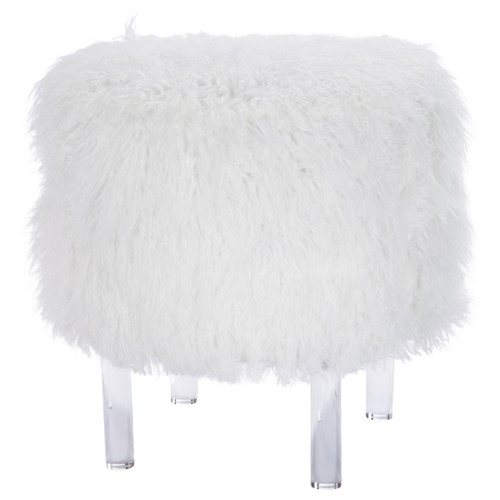 17" White Faux Fur And Clear Round Footstool Ottoman