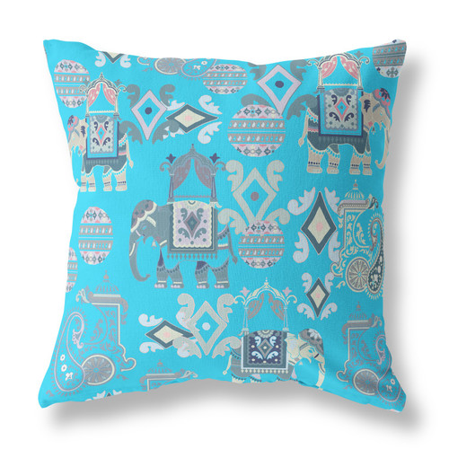 20" X 20" Bright Blue And Gray Broadcloth Floral Throw Pillow