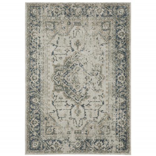 Homeroots Home Decor Geometric Area Rug Blue and Grey Power Loom Stain Resistant 5' x 8'