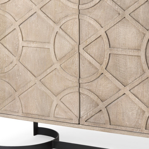 37" Brown and Black Solid Wood and Metal Carved Geometric Accent Cabinet With Two Doors