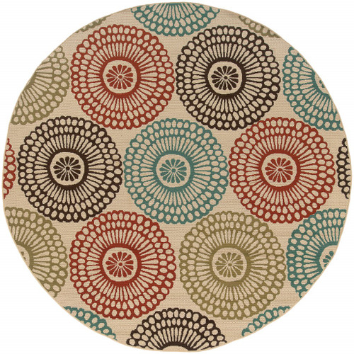 Homeroots Home Decor 8' Round Beige and Blue Medallion Indoor Outdoor Area Rug