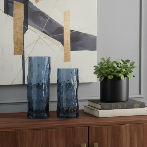 Set of Two Blue Glass Wavy Table Vases