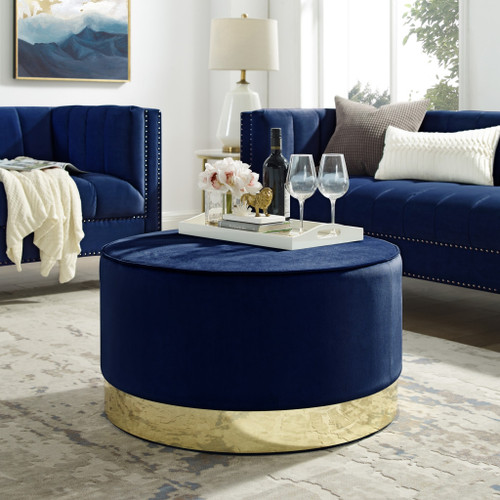 31" Navy Blue Velvet and Gold Round Cocktail Ottoman