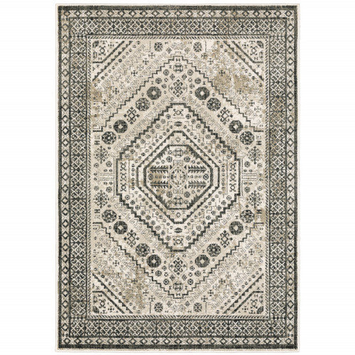 Homeroots Home Decor 5' x 7' Ivory Grey Black and Ivory Oriental Power Loom Area Rug, Stain Resistant