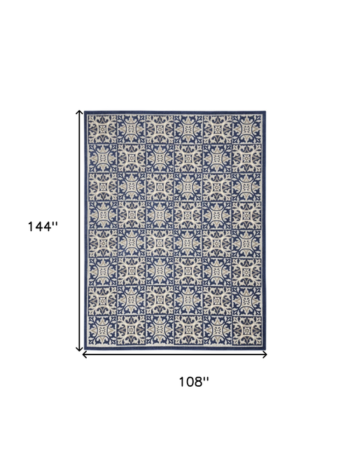 9' X 12' Blue Fleur De Lis Stain Resistant Non Skid Area Rug