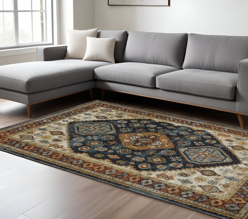 7' X 10' Blue Beige And Orange Oriental Area Rug With Fringe