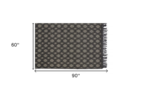 5' X 8' Black And Ivory Wool Geometric Hand Woven Area Rug With Fringe