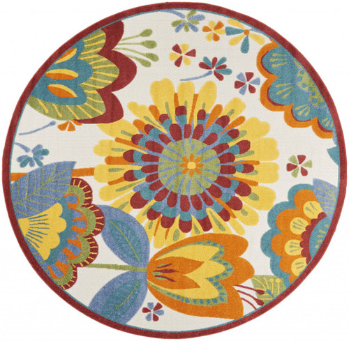 Homeroots Home Decor 8' Round Yellow and Ivory Indoor Outdoor Area Rug
