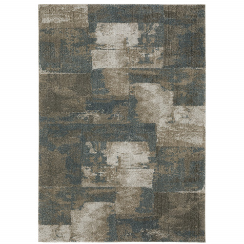 Homeroots Home Decor Geometric Power Loom Stain Resistant Area Rug Teal Blue Grey Tan Beige 5' x 8'