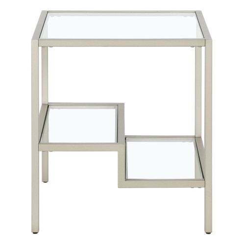 22" Nickel And Clear Glass And Steel Square End Table With Two Shelves